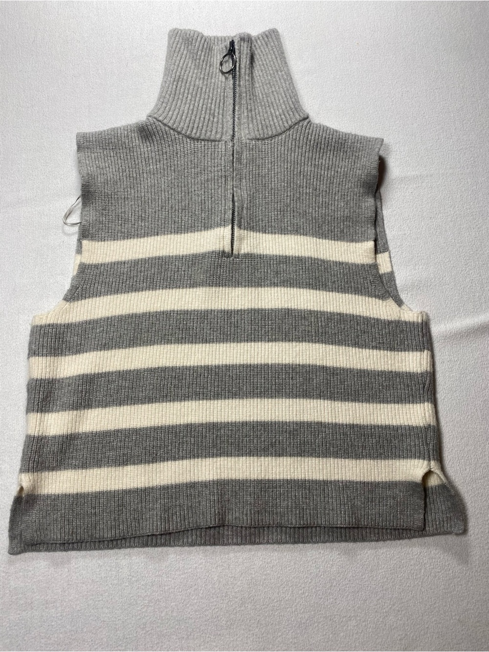 Pink Rose Gray and Cream Striped Sleeveless Half-Zip Turtleneck Vest
